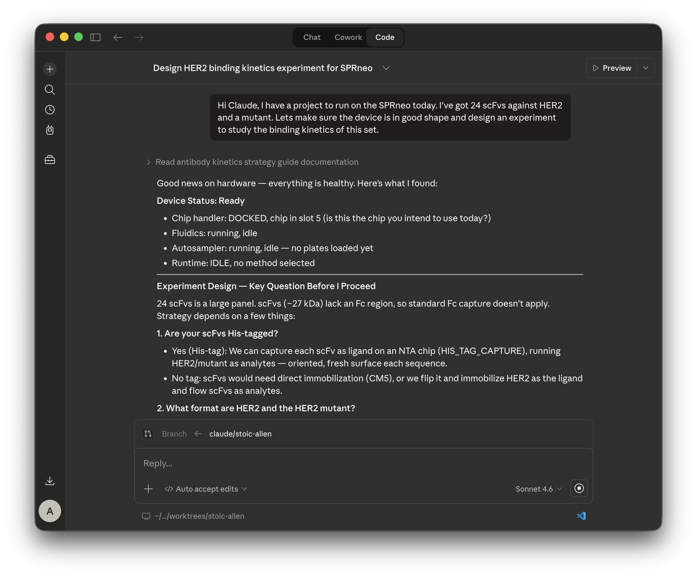 Claude Desktop designing a HER2 binding kinetics experiment on SPRneo via MCP