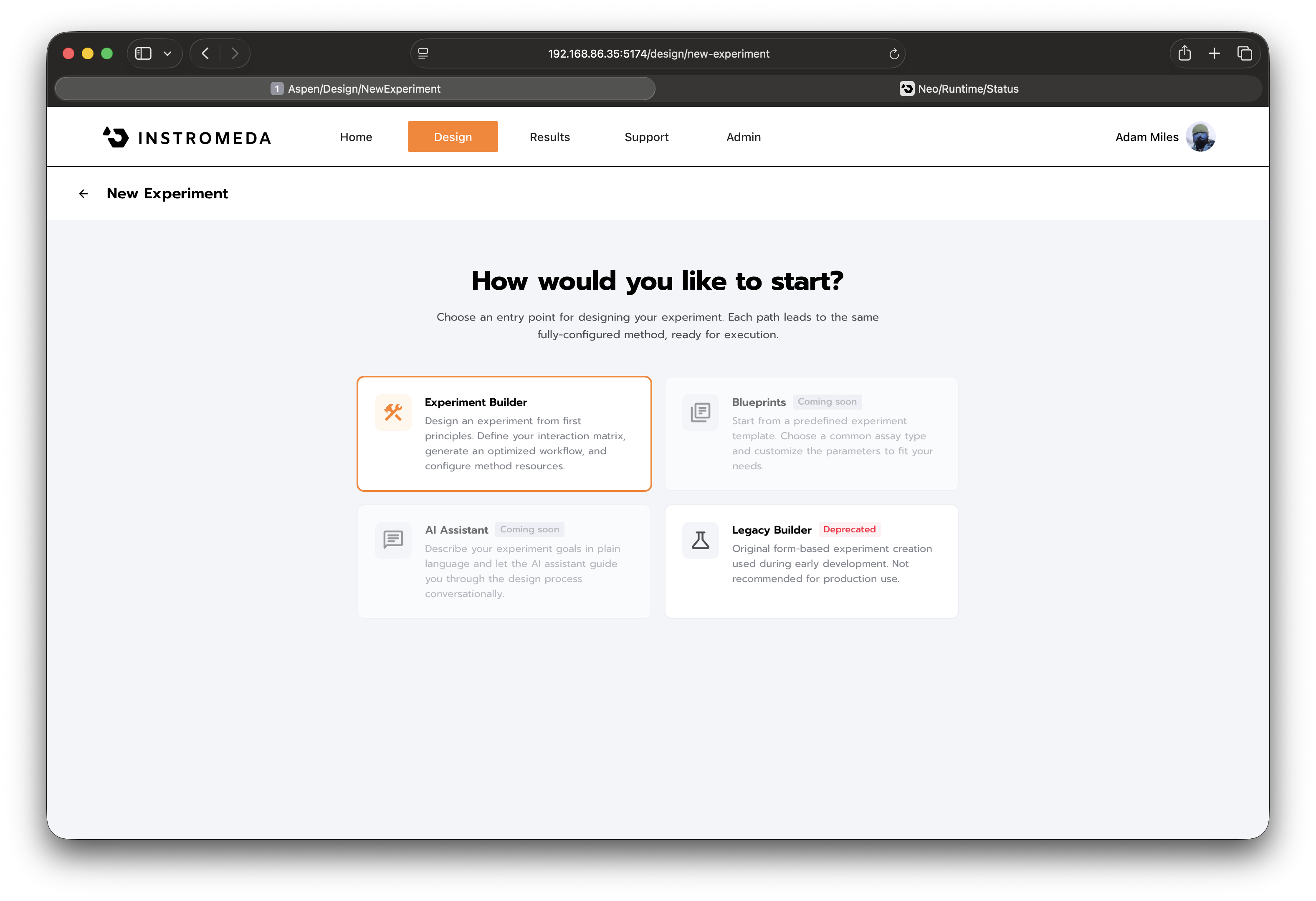 SPRneo new experiment — choose from Experiment Builder, Blueprints, or AI Assistant