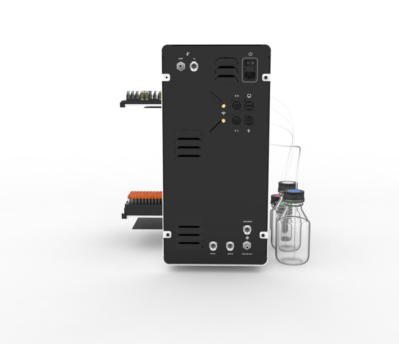 SPRneo rear panel showing ports, antennas, and buffer line connections