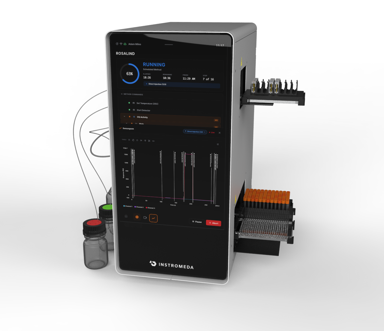 Instromeda SPRneo — self-driving surface plasmon resonance instrument displaying live binding kinetics data